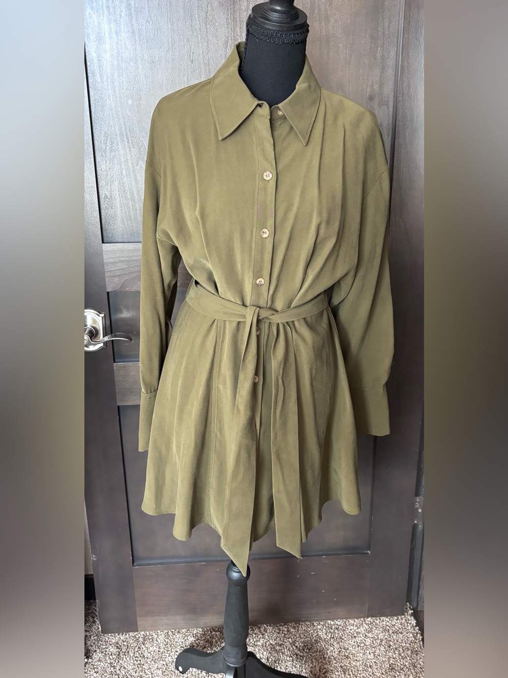 Zara Olive Green Long Sleeve Shirt Dress with Tie Belt